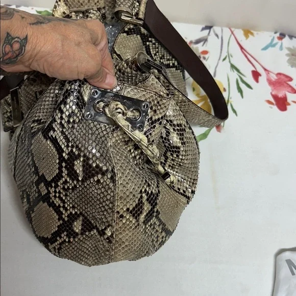 MICHAEL KORS Authentic Natural Brown Python Rehearsal Drawstring Shoulder Bag